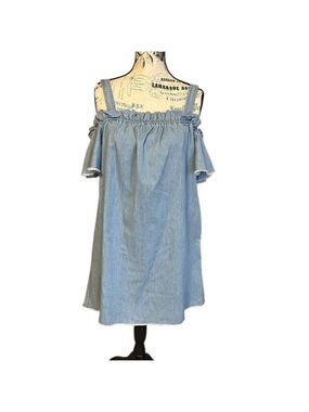 7 for All Mankind Off-Shoulder Denim Dress Frayed Hem Ruffle Size S